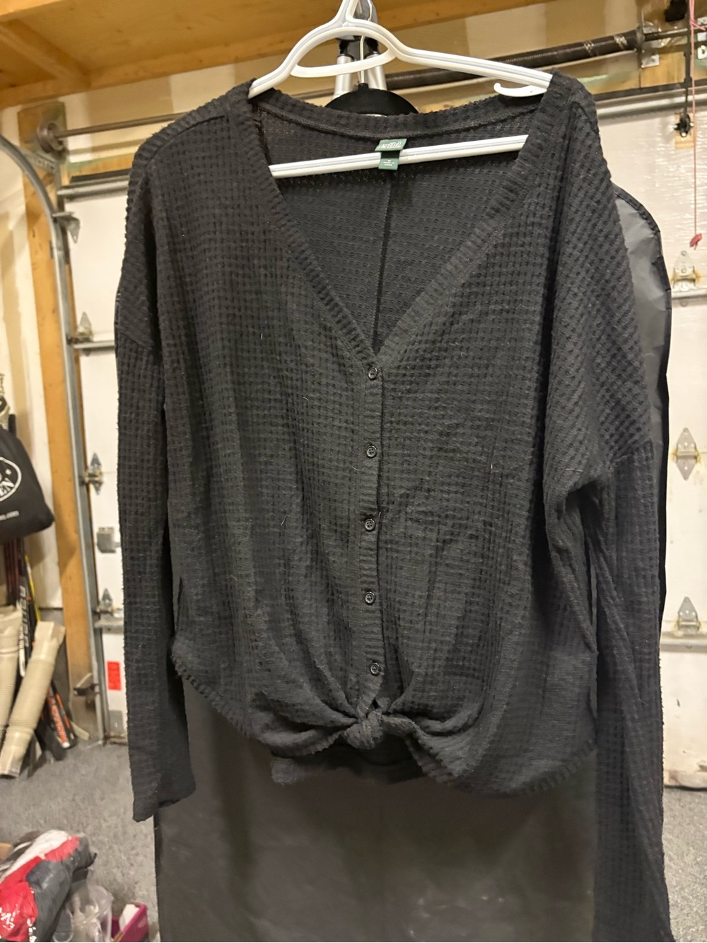wild fable Black Waffle-Knit Button-Front Tie Hem Top